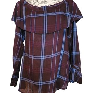 Loft plaid off-the-shoulder ruffled blouse in Burgandy/plum And Blue . Size:M